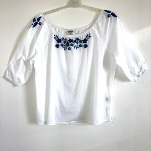 TANTRUMS XXL 1X White 100% Cotton Blue Embroidered Peasant Top 3/4 Puff Sleeve